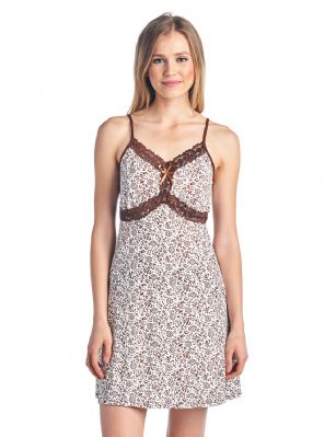 Casual Nights Women's Sleepwear Slip Nightgown Chemise Nighty - Brown - This Women's Fancy Lace Chemise Nightshirt is made from lightweight soft 55% Cotton/ 40% Polyester/ 5% Spandex fabric. Camisole sleep shirt Features; lace at the neck and empire waist, satin bow accent, A-line silhouette, adjustable spaghetti straps, mid-thigh length approx. 31" inches excluding straps. Wear as slip undershirt under your cloths or add to your sleepwear collection, alone or with a pajama shorts or pants. 