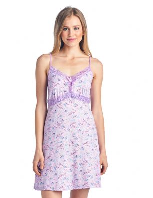 Casual Nights Women's Sleepwear Slip Nightgown Chemise Nighty - Lilac - This Women's Fancy Lace Chemise Nightshirt is made from lightweight soft 55% Cotton/ 40% Polyester/ 5% Spandex fabric. Camisole sleep shirt Features; lace at the neck and empire waist, satin bow accent, A-line silhouette, adjustable spaghetti straps, mid-thigh length approx. 31" inches excluding straps. Wear as slip undershirt under your cloths or add to your sleepwear collection, alone or with a pajama shorts or pants. 