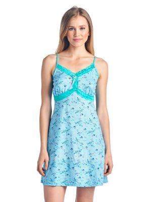 Casual Nights Women's Sleepwear Slip Nightgown Chemise Nighty - Turquoise - This Women's Fancy Lace Chemise Nightshirt is made from lightweight soft 55% Cotton/ 40% Polyester/ 5% Spandex fabric. Camisole sleep shirt Features; lace at the neck and empire waist, satin bow accent, A-line silhouette, adjustable spaghetti straps, mid-thigh length approx. 31" inches excluding straps. Wear as slip undershirt under your cloths or add to your sleepwear collection, alone or with a pajama shorts or pants. 