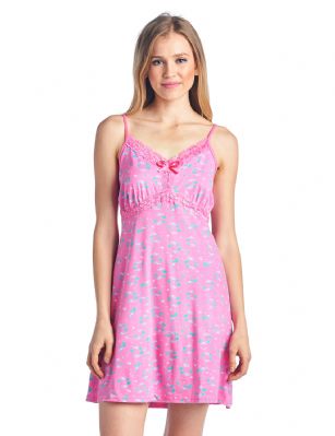 Casual Nights Women's Sleepwear Slip Nightgown Chemise Nighty - Pink - This Women's Fancy Lace Chemise Nightshirt is made from lightweight soft 55% Cotton/ 40% Polyester/ 5% Spandex fabric. Camisole sleep shirt Features; lace at the neck and empire waist, satin bow accent, A-line silhouette, adjustable spaghetti straps, mid-thigh length approx. 31" inches excluding straps. Wear as slip undershirt under your cloths or add to your sleepwear collection, alone or with a pajama shorts or pants. 