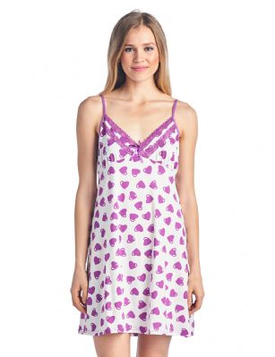 Casual Nights Women's Sleepwear Camisole Nightshirt Nightie - Purple Hearts - This Women's Fancy Lace Chemise Nightshirt is made from lightweight soft 55% Cotton/ 40% Polyester/ 5% Spandex fabric. Camisole sleep shirt Features; lace at the neck, satin bow accent, A-line silhouette, adjustable spaghetti straps, mid-thigh length approx. 31" inches excluding straps. Wear as slip undershirt under your cloths or add to your sleepwear collection, alone or with a pajama shorts or pants. 