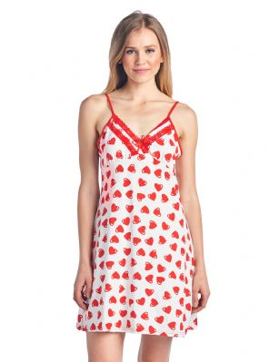 Casual Nights Women's Sleepwear Camisole Nightshirt Nightie - Red Hearts - This Women's Fancy Lace Chemise Nightshirt is made from lightweight soft 55% Cotton/ 40% Polyester/ 5% Spandex fabric. Camisole sleep shirt Features; lace at the neck, satin bow accent, A-line silhouette, adjustable spaghetti straps, mid-thigh length approx. 31" inches excluding straps. Wear as slip undershirt under your cloths or add to your sleepwear collection, alone or with a pajama shorts or pants. 