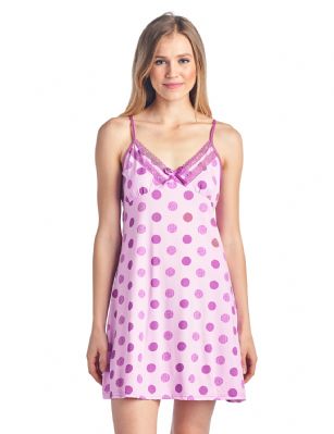 Casual Nights Women's Sleepwear Camisole Nightshirt Nightie - Lilac Dots - This Women's Fancy Lace Chemise Nightshirt is made from lightweight soft 55% Cotton/ 40% Polyester/ 5% Spandex fabric. Camisole sleep shirt Features; lace at the neck, satin bow accent, A-line silhouette, adjustable spaghetti straps, mid-thigh length approx. 31" inches excluding straps. Wear as slip undershirt under your cloths or add to your sleepwear collection, alone or with a pajama shorts or pants. 