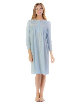 Casual Nights Women's Long Sleeve Pointelle Embroidered Night Gown - Blue - Hit the sack in total comfort with this Pointelle Soft and lightweight Knit Night Gown, Features4 Button closure,Long sleeves,detailed with lace, Sating Ribbonand Embroidery for an extra feminine touch. A comfortable fit perfect for sleeping or lounging around.