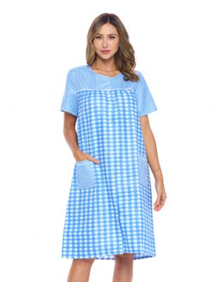 Casual Nights Women's Snap Front House Dress Short Sleeve Seersucker Duster Housecoat Lounger - Gingham Blue - This lightweight Cute and comfortable House coat with Snaps down front closure Duster for ladies from the Casual Nights Loungewear and Sleepwear robes Collection, Thin and light house robe, in Beautiful Gingham print pattern designs. this easy to wear dresscoat bathrobe is made of 15% Cotton, 85% Poly , perfect for spring and summer! The sleep Housedress Features: short sleeves gown with full Snaps front closure for easy wearing and easy slipping on/off, flattering round crew scoop neck with front white yoke, 2 roomy side seam hand pockets, knee length approx. 40 Shoulder to hem. This lounge wear muumuu dress has a relaxed comfortable fit and comes in regular and plus sizes S, M, L, XL, 2X, 3X, 4X. All year winter and summer versatile multi uses, throw over your clothes as house robe while cleaning, washing and cooking, wear around the house as relaxed home day waltz dress, a nightgown to sleep in the spring and hot summer nights as a sleepshirt dress, This sleep robe gown is perfect to use for maternity, labor/delivery, hospital gown. Makes a perfect Mothers Day gift for your loved ones, mom, older women or elderly grandmother. Even beautiful enough for outside shopping and walking, comfortable enough for everyday use around the house. Please use our size chart to determine which size will fit you best, if your measurements fall between two sizes, we recommend ordering a larger size as most people prefer their sleepwear a little looser. Small: Measures US Size 4-6, Chests/Bust 34"-35" Medium: Measures US Size 8-10, Chests/Bust 36"-37" Large: Measures US Size 1214, Chests/Bust 38"-40" X-Large: Measures US Size 16-18, Chests/Bust 41"-43" XX-Large: Measures US Size 18W-20W, Chests/Bust 46-48" 3X-Large: Measures US Size 22W-24W, Chests/Bust 50-52" 4X-Large: Measures US Size 26-28, Chests/Bust 54-56" 