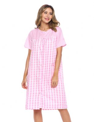 Casual Nights Women's Snap Front House Dress Short Sleeve Seersucker Duster Housecoat Lounger - Gingham Pink - This lightweight Cute and comfortable House coat with Snaps down front closure Duster for ladies from the Casual Nights Loungewear and Sleepwear robes Collection, Thin and light house robe, in Beautiful Gingham print pattern designs. this easy to wear dresscoat bathrobe is made of 15% Cotton, 85% Poly , perfect for spring and summer! The sleep Housedress Features: short sleeves gown with full Snaps front closure for easy wearing and easy slipping on/off, flattering round crew scoop neck with front white yoke, 2 roomy side seam hand pockets, knee length approx. 40 Shoulder to hem. This lounge wear muumuu dress has a relaxed comfortable fit and comes in regular and plus sizes S, M, L, XL, 2X, 3X, 4X. All year winter and summer versatile multi uses, throw over your clothes as house robe while cleaning, washing and cooking, wear around the house as relaxed home day waltz dress, a nightgown to sleep in the spring and hot summer nights as a sleepshirt dress, This sleep robe gown is perfect to use for maternity, labor/delivery, hospital gown. Makes a perfect Mothers Day gift for your loved ones, mom, older women or elderly grandmother. Even beautiful enough for outside shopping and walking, comfortable enough for everyday use around the house. Please use our size chart to determine which size will fit you best, if your measurements fall between two sizes, we recommend ordering a larger size as most people prefer their sleepwear a little looser. Small: Measures US Size 4-6, Chests/Bust 34"-35" Medium: Measures US Size 8-10, Chests/Bust 36"-37" Large: Measures US Size 1214, Chests/Bust 38"-40" X-Large: Measures US Size 16-18, Chests/Bust 41"-43" XX-Large: Measures US Size 18W-20W, Chests/Bust 46-48" 3X-Large: Measures US Size 22W-24W, Chests/Bust 50-52" 4X-Large: Measures US Size 26-28, Chests/Bust 54-56" 