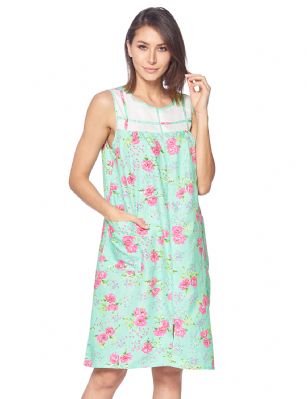 Casual Nights Women's Woven Zip Front House Dress Sleeveless Housecoat Duster Lounger Sleep Gown - Floral Mint - This lightweight Cute and comfortable House coat with full Zipper front closure shift dress Duster for ladies from the Casual Nights Loungewear and Sleepwear robes Collection, Thin and light house robe, in Beautiful floral print pattern designs. this easy to wear dress bathrobe is made of 55% Cotton, 45% Poly woven fabric, perfect for spring and summer! The sleep Housedress Features: no sleeve tank gown with full zip up, full zip down front closure for easy wearing and easy slipping on/off, flattering round crew scoop neck with front white yoke with matching trim, 2 roomy front hand pockets, knee length approx. 40 Shoulder to hem. This lounge wear muumuu dress has a relaxed comfortable fit and comes in regular and plus sizes S, M, L, XL, 2X, 3X, 4X. versatile multi uses, throw over your clothes as house robe while cleaning, washing and cooking, wear around the house as relaxed home day waltz dress, a nightgown to sleep in the spring and hot summer nights as a sleepshirt dress, This sleep robe gown is perfect to use for maternity, labor/delivery, hospital gown. Makes a perfect Mothers Day gift for your loved ones, mom, older women or elderly grandmother. Even beautiful enough for outside shopping and walking, comfortable enough for everyday use around the house. Please use our size chart to determine which size will fit you best, if your measurements fall between two sizes, we recommend ordering a larger size as most people prefer their sleepwear a little looser. Small: Measures US Size 4-6, Chests/Bust 34"-35" Medium: Measures US Size 8-10, Chests/Bust 36"-37" Large: Measures US Size 1214, Chests/Bust 38"-40" X-Large: Measures US Size 16-18, Chests/Bust 41"-43" XX-Large: Measures US Size 18W-20W, Chests/Bust 46-48" 3X-Large: Measures US Size 22W-24W, Chests/Bust 50-52" 4X-Large: Measures US Size 26-28, Chests/Bust 54-56" 