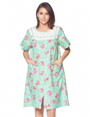 Casual Nights Women's Zip Front Woven House Dress Short Sleeves Housecoat Duster Lounger Sleep Gown - Floral Green - This lightweight Cute and comfortable House coat with full Zipper front closure dress Duster for ladies from the Casual Nights Lounge and Sleepwear robes Collection, Thin and light house robe, in Beautiful floral pattern designs. this easy to wear dress bathrobe is made of 55% Cotton, 45% Poly woven fabric, perfect for spring and summer! The sleep Housedress Features: Cap sleeve gown with full zip up, zip down front closure for easy wearing and easy slipping on/off, flattering round crew scoop neck with front white yoke with matching trim, 2 roomy front hand pockets, knee length approx. 40 Shoulder to hem. This lounge wear muumuu dress has a relaxed comfortable fit and comes in regular and plus sizes S, M, L, XL, 2X, 3X, 4X. versatile multi uses, throw over your clothes as house robe while cleaning, washing and cooking, wear around the house as relaxed home day waltz dress, a nightgown to sleep in the spring and hot summer nights as a sleepshirt dress, This sleep robe gown is perfect to use for maternity, labor/delivery, hospital gown. Makes a perfect Mothers Day gift for your loved ones, mom, older women or elderly grandmother. Even beautiful enough for outside shopping and walking, comfortable enough for everyday use around the house. Please use our size chart to determine which size will fit you best, if your measurements fall between two sizes, we recommend ordering a larger size as most people prefer their sleepwear a little looser. Small: Measures US Size 4-6, Chests/Bust 34"-35" Medium: Measures US Size 8-10, Chests/Bust 36"-37" Large: Measures US Size 1214, Chests/Bust 38"-40" X-Large: Measures US Size 16-18, Chests/Bust 41"-43" XX-Large: Measures US Size 18W-20W, Chests/Bust 46-48" 3X-Large: Measures US Size 22W-24W, Chests/Bust 50-52" 4X-Large: Measures US Size 26-28, Chests/Bust 54-56" 