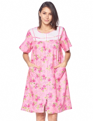 Casual Nights Women's Zip Front Woven House Dress Short Sleeves Housecoat Duster Lounger Sleep Gown - Floral Pink - This lightweight Cute and comfortable House coat with full Zipper front closure dress Duster for ladies from the Casual Nights Lounge and Sleepwear robes Collection, Thin and light house robe, in Beautiful floral pattern designs. this easy to wear dress bathrobe is made of 55% Cotton, 45% Poly woven fabric, perfect for spring and summer! The sleep Housedress Features: Cap sleeve gown with full zip up, zip down front closure for easy wearing and easy slipping on/off, flattering round crew scoop neck with front white yoke with matching trim, 2 roomy front hand pockets, knee length approx. 40 Shoulder to hem. This lounge wear muumuu dress has a relaxed comfortable fit and comes in regular and plus sizes S, M, L, XL, 2X, 3X, 4X. versatile multi uses, throw over your clothes as house robe while cleaning, washing and cooking, wear around the house as relaxed home day waltz dress, a nightgown to sleep in the spring and hot summer nights as a sleepshirt dress, This sleep robe gown is perfect to use for maternity, labor/delivery, hospital gown. Makes a perfect Mothers Day gift for your loved ones, mom, older women or elderly grandmother. Even beautiful enough for outside shopping and walking, comfortable enough for everyday use around the house. Please use our size chart to determine which size will fit you best, if your measurements fall between two sizes, we recommend ordering a larger size as most people prefer their sleepwear a little looser. Small: Measures US Size 4-6, Chests/Bust 34"-35" Medium: Measures US Size 8-10, Chests/Bust 36"-37" Large: Measures US Size 1214, Chests/Bust 38"-40" X-Large: Measures US Size 16-18, Chests/Bust 41"-43" XX-Large: Measures US Size 18W-20W, Chests/Bust 46-48" 3X-Large: Measures US Size 22W-24W, Chests/Bust 50-52" 4X-Large: Measures US Size 26-28, Chests/Bust 54-56" 