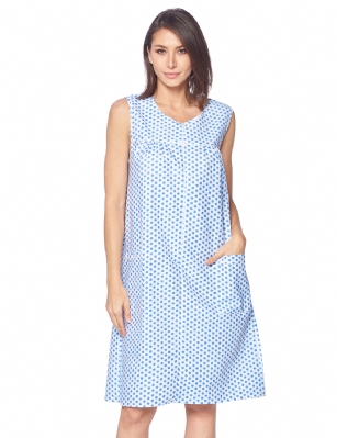 Casual Nights Women's Zipper Front House Dress Sleeveless Seersucker Housecoat Duster Lounger - Polka Dots Blue - This lightweight Cute and comfortable House coat with Zipper front shift dress Duster for ladies from the Casual Night's Lounge and Sleepwear robes Collection, Thin and light spring/time - summer house robe in gingham checkered and polka dots pattern design, this easy to wear dress bathrobe is made of 55% Cotton, 45% Polyester Seersucker fabric. Housedress sleep dress Features: Pull over tank gown with Half zippper front zip up closure for easy wearing and easy put on/off, flattering round scoop neck, 2 roomy front pockets, hits above the knee approx. 40 length. This lounge wear muumuu dress has a relaxed comfortable fit and comes in regular and plus sizes S, M, L, XL, 2X, 3X, 4X. versatile multi uses, throw over your clothes as house robe while cleaning, washing and cooking, wear around the house as relaxed home day waltz dress, a nightgown to sleep in the spring and hot summer nights as a sleepshirt dress, This sleep robe gown is perfect to use for maternity, labor/delivery, hospital gown. Makes a perfect Mother's Day gift for your loved ones, mom, older women or elderly grandmother. Even beautiful enough for outside shopping and walking, comfortable enough for everyday use around the house.  Please use our size chart to determine which size will fit you best, if your measurements fall between two sizes, we recommend ordering a larger size as most people prefer their sleepwear a little looser. Small: Measures US Size 4-6, Chests/Bust 34"-35" Medium: Measures US Size 8-10, Chests/Bust 36"-37" Large: Measures US Size 1214, Chests/Bust 38"-40" X-Large: Measures US Size 16-18, Chests/Bust 41"-43" XX-Large: Measures US Size 18W-20W, Chests/Bust 46-48" 3X-Large: Measures US Size 22W-24W, Chests/Bust 50-52" 4X-Large: Measures US Size 26-28, Chests/Bust 54-56" 