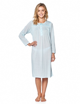 Casual Nights Women's Pointelle Pintucked Long Sleeve Nightgown - Blue - Size recommendation: Size Medium (4-6) Large (8-10) X-Large (12-14) XX-Large (16-18), Order one size up For a more Relaxed FitHit the sack in total comfort with this Soft and lightweight Knit pointelle Nightgown From Casual Nights in fun polka dot  printed pattern, Features 5 Button front closure, long sleeves, detailed with pintucks and flower embroidery at yoke for an extra feminine touch. A comfortable fit perfect for sleeping or lounging around as a housedress.