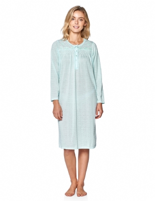 Casual Nights Women's Pointelle Pintucked Long Sleeve Nightgown - Green - Size recommendation: Size Medium (4-6) Large (8-10) X-Large (12-14) XX-Large (16-18), Order one size up For a more Relaxed FitHit the sack in total comfort with this Soft and lightweight Knit pointelle Nightgown From Casual Nights in fun polka dot  printed pattern, Features 5 Button front closure, long sleeves, detailed with pintucks and flower embroidery at yoke for an extra feminine touch. A comfortable fit perfect for sleeping or lounging around as a housedress.