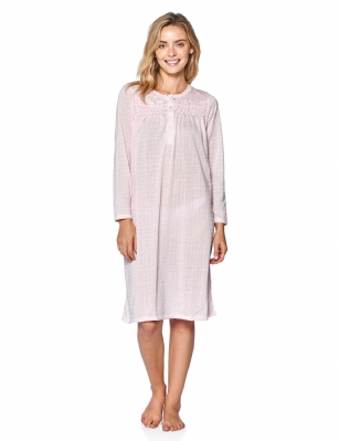 Casual Nights Women's Pointelle Pintucked Long Sleeve Nightgown - Pink - Size recommendation: Size Medium (4-6) Large (8-10) X-Large (12-14) XX-Large (16-18), Order one size up For a more Relaxed FitHit the sack in total comfort with this Soft and lightweight Knit pointelle Nightgown From Casual Nights in fun polka dot  printed pattern, Features 5 Button front closure, long sleeves, detailed with pintucks and flower embroidery at yoke for an extra feminine touch. A comfortable fit perfect for sleeping or lounging around as a housedress.