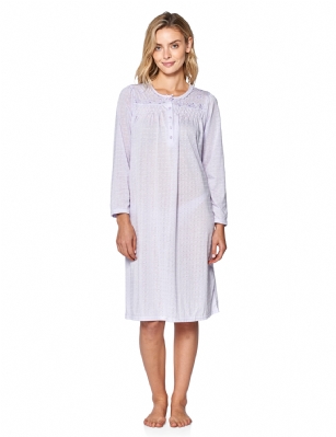 Casual Nights Women's Pointelle Pintucked Long Sleeve Nightgown - Purple - Size recommendation: Size Medium (4-6) Large (8-10) X-Large (12-14) XX-Large (16-18), Order one size up For a more Relaxed FitHit the sack in total comfort with this Soft and lightweight Knit pointelle Nightgown From Casual Nights in fun polka dot  printed pattern, Features 5 Button front closure, long sleeves, detailed with pintucks and flower embroidery at yoke for an extra feminine touch. A comfortable fit perfect for sleeping or lounging around as a housedress.