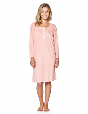 Casual Nights Women's Stars Pintucked Long Sleeve Nightgown - Peach - Size recommendation: Size Medium (4-6) Large (8-10) X-Large (12-14) XX-Large (16-18), Order one size up For a more Relaxed FitHit the sack in total comfort with this Soft and lightweight Knit Nightgown From Casual Nights in fun polka dot/ stars printed pattern, Features 5 Button front closure, long sleeves, detailed with lace, and pintucked yoke for an extra feminine touch. A comfortable fit perfect for sleeping or lounging around as a housedress.