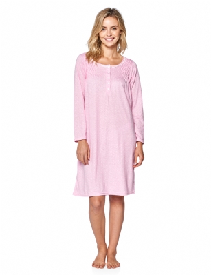 Casual Nights Women's Stars Pintucked Long Sleeve Nightgown - Pink - Size recommendation: Size Medium (4-6) Large (8-10) X-Large (12-14) XX-Large (16-18), Order one size up For a more Relaxed FitHit the sack in total comfort with this Soft and lightweight Knit Nightgown From Casual Nights in fun polka dot/ stars printed pattern, Features 5 Button front closure, long sleeves, detailed with lace, and pintucked yoke for an extra feminine touch. A comfortable fit perfect for sleeping or lounging around as a housedress.