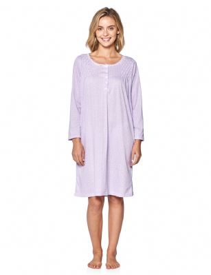 Casual Nights Women's Stars Pintucked Long Sleeve Nightgown - Purple - Size recommendation: Size Medium (4-6) Large (8-10) X-Large (12-14) XX-Large (16-18), Order one size up For a more Relaxed FitHit the sack in total comfort with this Soft and lightweight Knit Nightgown From Casual Nights in fun polka dot/ stars printed pattern, Features 5 Button front closure, long sleeves, detailed with lace, and pintucked yoke for an extra feminine touch. A comfortable fit perfect for sleeping or lounging around as a housedress.