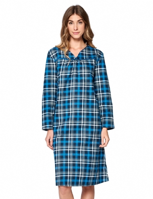 Casual Nights Women's Flannel Plaid Long Sleeve Nightgown - Navy - Please use our size chart to determine which size will fit you best, if your measurements fall between two sizes we recommend ordering a larger size as most people prefer their sleepwear a little looser. Medium: Measures US Size 68, Chests/Bust 35-36" Large: Measures US Size 8-10, Chests/Bust 37-38" X-Large: Measures US Size 12-14, Chests/Bust 39-40" XX-Large: Measures US Size 16, Chests/Bust 41-42" 3X-Large: Measures US Size 18, Chests/Bust 42-44" Hit the sack in total comfort with this Soft and lightweight Cotton Flannel Nightgown, Features V neckline, Approximately 38" from shoulder to hem, long sleeves, detailed with lace and satin for an extra feminine touch. A comfortable fit perfect for sleeping or lounging around. Great Christmas holiday gift for your elderly mom, perfect duster to relax in and lounging around in more comfort Beautiful enough for special occasions, yet comfortable enough for every day 