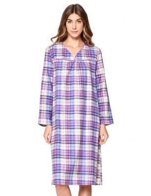 Casual Nights Women's Flannel Plaid Long Sleeve Nightgown - Purple - Please use our size chart to determine which size will fit you best, if your measurements fall between two sizes we recommend ordering a larger size as most people prefer their sleepwear a little looser. Medium: Measures US Size 68, Chests/Bust 35-36" Large: Measures US Size 8-10, Chests/Bust 37-38" X-Large: Measures US Size 12-14, Chests/Bust 39-40" XX-Large: Measures US Size 16, Chests/Bust 41-42" 3X-Large: Measures US Size 18, Chests/Bust 42-44" Hit the sack in total comfort with this Soft and lightweight Cotton Flannel Nightgown, Features V neckline, Approximately 38" from shoulder to hem, long sleeves, detailed with lace and satin for an extra feminine touch. A comfortable fit perfect for sleeping or lounging around. Great Christmas holiday gift for your elderly mom, perfect duster to relax in and lounging around in more comfort Beautiful enough for special occasions, yet comfortable enough for every day 