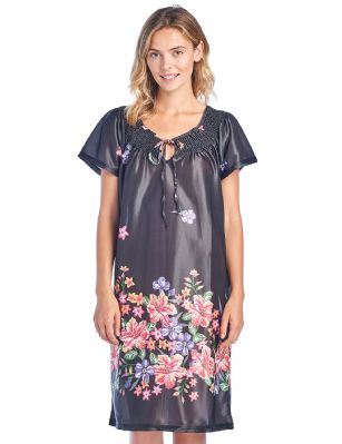 Casual Nights Women's Round Neck Mu-Mu Housecoat Lounger - Black - You'll love slipping into this Slip over Muumuu Caftan Dress From our Lounge Dresses & MuuMuus collection, designed in Floral silky satin fabric with a relaxed Fit. This Duster Features Short Sleeves, Smocked Detail, and Tie neck closure. This Ultra-Lightweight fabric House Dress will keep you comfortable and stylish to wear it around the house or to sleep in. 