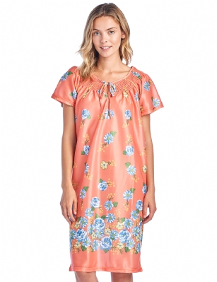 Casual Nights Women's Round Neck Mu-Mu Housecoat Lounger - Coral - You'll love slipping into this Slip over Muumuu Caftan Dress From our Lounge Dresses & MuuMuus collection, designed in Floral silky satin fabric with a relaxed Fit. This Duster Features Short Sleeves, Smocked Detail, and Tie neck closure. This Ultra-Lightweight fabric House Dress will keep you comfortable and stylish to wear it around the house or to sleep in. 