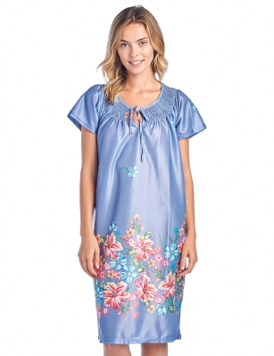 Casual Nights Women's Round Neck Mu-Mu Housecoat Lounger - Denim - You'll love slipping into this Slip over Muumuu Caftan Dress From our Lounge Dresses & MuuMuus collection, designed in Floral silky satin fabric with a relaxed Fit. This Duster Features Short Sleeves, Smocked Detail, and Tie neck closure. This Ultra-Lightweight fabric House Dress will keep you comfortable and stylish to wear it around the house or to sleep in. 
