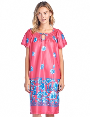 Casual Nights Women's Round Neck Mu-Mu Housecoat Lounger - Fuchsia - You'll love slipping into this Slip over Muumuu Caftan Dress From our Lounge Dresses & MuuMuus collection, designed in Floral silky satin fabric with a relaxed Fit. This Duster Features Short Sleeves, Smocked Detail, and Tie neck closure. This Ultra-Lightweight fabric House Dress will keep you comfortable and stylish to wear it around the house or to sleep in. 