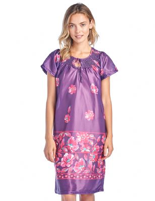 Casual Nights Women's Round Neck Mu-Mu Housecoat Lounger - Grape - You'll love slipping into this Slip over Muumuu Caftan Dress From our Lounge Dresses & MuuMuus collection, designed in Floral silky satin fabric with a relaxed Fit. This Duster Features Short Sleeves, Smocked Detail, and Tie neck closure. This Ultra-Lightweight fabric House Dress will keep you comfortable and stylish to wear it around the house or to sleep in. 