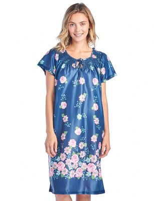 Casual Nights Women's Round Neck Mu-Mu Housecoat Lounger - Navy - You'll love slipping into this Slip over Muumuu Caftan Dress From our Lounge Dresses & MuuMuus collection, designed in Floral silky satin fabric with a relaxed Fit. This Duster Features Short Sleeves, Smocked Detail, and Tie neck closure. This Ultra-Lightweight fabric House Dress will keep you comfortable and stylish to wear it around the house or to sleep in. 