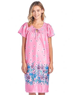 Casual Nights Women's Round Neck Mu-Mu Housecoat Lounger - Pink - You'll love slipping into this Slip over Muumuu Caftan Dress From our Lounge Dresses & MuuMuus collection, designed in Floral silky satin fabric with a relaxed Fit. This Duster Features Short Sleeves, Smocked Detail, and Tie neck closure. This Ultra-Lightweight fabric House Dress will keep you comfortable and stylish to wear it around the house or to sleep in. 