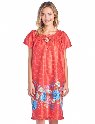 Casual Nights Women's Round Neck Mu-Mu Housecoat Lounger - Red - You'll love slipping into this Slip over Muumuu Caftan Dress From our Lounge Dresses & MuuMuus collection, designed in Floral silky satin fabric with a relaxed Fit. This Duster Features Short Sleeves, Smocked Detail, and Tie neck closure. This Ultra-Lightweight fabric House Dress will keep you comfortable and stylish to wear it around the house or to sleep in. 