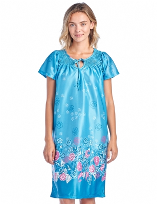 Casual Nights Women's Round Neck Mu-Mu Housecoat Lounger - Teal - You'll love slipping into this Slip over Muumuu Caftan Dress From our Lounge Dresses & MuuMuus collection, designed in Floral silky satin fabric with a relaxed Fit. This Duster Features Short Sleeves, Smocked Detail, and Tie neck closure. This Ultra-Lightweight fabric House Dress will keep you comfortable and stylish to wear it around the house or to sleep in. 