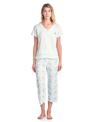 Casual Nights Women's Pointelle Short Sleeve Floral Capri Pajama Set - Green - Use this size chart to determine your size that will fit you best, if your measurements fall between two sizes we recommend ordering a larger size as most people prefer their sleepwear a little looser. Top Length 25", Capri Pants Inseam 22"Medium: Measures as US Size 2-4, - Chests/Bust 33-34" Large: Measures US Size 6-8, Chests/Bust 35-36" X-Large: Measures US Size 10-12, Chests/Bust 37-38.5" XX-Large: Measures US Size 14-16, Chests/Bust 40-41.5"3X-Large: Measures US Size 16-18, Chests/Bust 41-43"4X-Large: Measures US Size 18-20, Chests/Bust 44-46" Soft and lightweight Knit Button Front Short Sleeve Pajamas 2-piece Sleep Set in a fun feminine Floral pattern print, beautiful enough for special occasions, yet comfortable enough for every day. Capri Length Pants with a drawstring waist for easy pull on and added comfort, Pjs top Features Short Sleeves, 5 Button closure, lace and Satin Ribbon Trim details, V-Neck and embroidered flowers. A comfortable fit sleepwear that is perfect for sleeping or lounge around. 