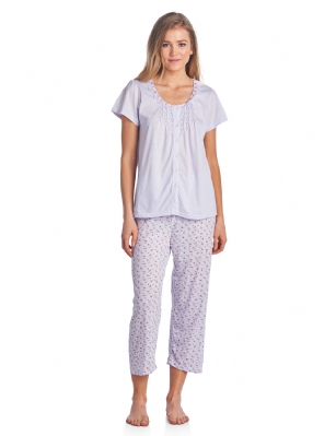 Casual Nights Women's Button Front Short Sleeve Capri Pajama Set - Purple - Hit the sack in total comfort with these Soft and lightweight Knit Pajamas Sleep Set in a fun Floral pattern. Short sleeve top features: Round neck, button down closure, lace trim with pin-tucked detail, Printed pajama pants with elasticized waist and drawstring for easy pull on and added comfort, approx. 26" inseam length. PJ's Set offers A comfortable straight fit perfect for sleeping or lounging around.