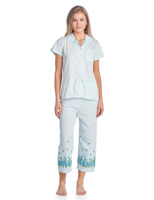 Casual Nights Lace Trim Women's Short Sleeve Capri Pajama Set - Dot Green - Size recommendation: Size Medium (4-6) Large (8-10) X-Large (12-14) XX-Large (16-18), Order one size up For a more Relaxed FitHit the sack in total comfort with these Soft and lightweight Cotton Blend Pajamas in a fun dot patterns Capri Length Pants with an elastic drawstring waist for easy pull on, pant inseam length approximately 21", Shirt Features: Short Sleeves, Notch collar, handy patch pocket, Button down closure, lace and ribbon details for the extra feminine touch. A comfortable relaxed fit perfect for sleeping or lounging around.