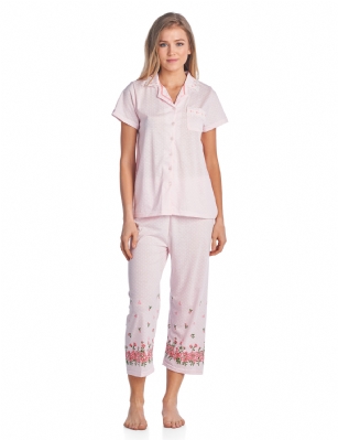 Casual Nights Lace Trim Women's Short Sleeve Capri Pajama Set - Dot Pink - Size recommendation: Size Medium (4-6) Large (8-10) X-Large (12-14) XX-Large (16-18), Order one size up For a more Relaxed FitHit the sack in total comfort with these Soft and lightweight Cotton Blend Pajamas in a fun dot patterns Capri Length Pants with an elastic drawstring waist for easy pull on, pant inseam length approximately 21", Shirt Features: Short Sleeves, Notch collar, handy patch pocket, Button down closure, lace and ribbon details for the extra feminine touch. A comfortable relaxed fit perfect for sleeping or lounging around.