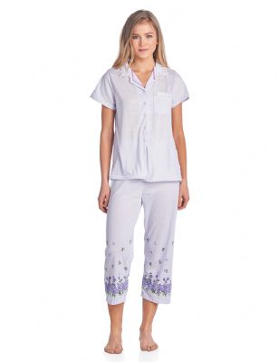 Casual Nights Lace Trim Women's Short Sleeve Capri Pajama Set - Dot Purple - Size recommendation: Size Medium (4-6) Large (8-10) X-Large (12-14) XX-Large (16-18), Order one size up For a more Relaxed FitHit the sack in total comfort with these Soft and lightweight Cotton Blend Pajamas in a fun dot patterns Capri Length Pants with an elastic drawstring waist for easy pull on, pant inseam length approximately 21", Shirt Features: Short Sleeves, Notch collar, handy patch pocket, Button down closure, lace and ribbon details for the extra feminine touch. A comfortable relaxed fit perfect for sleeping or lounging around.