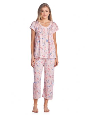 Casual Nights Women's Short Sleeve Capri Pajama Set - Pink - Please use this size chart to determine which size will fit you best, if your measurements fall between two sizes we recommend ordering a larger size as most people prefer their sleepwear a little looser. Medium: Measures US Size 2-4, Chests/Bust 34"-35" Large: Measures US Size 68, Chests/Bust 35-36" X-Large: Measures US Size 10-12, Chests/Bust 37-38" XX-Large: Measures US Size 12-14, Chests/Bust 38.5-40" Hit the sack in total comfort with these Soft and lightweight Cotton Blend Pajamas in a fun pattern Capri Length Pants with an elastic drawstring waist for easy pull on, pant inseam length approximately 21", Shirt Features: Cap Sleeves, round neck, 5 Button closure, ribbon, embroidery or lace details for the extra feminine touch. A comfortable straight fit perfect for sleeping or lounging around.