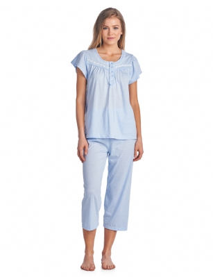 Casual Nights Women's Short Sleeve Dot Print Capri Pajama Set - Blue - Use provided size chart to determine the size that will fit you best, if your measurements fall between two sizes we recommend ordering a larger size as most people prefer their sleepwear a little looser. Sleep Pants Inseam 20"Medium: Measures US Size 2-4, Chests/Bust 33-34" Large: Measures US Size 6-8, Chests/Bust 35-36" X-Large: Measures US Size 10-12, Chests/Bust 37-38" XX-Large: Measures US Size 14-16, Chests/Bust 39-40" 3X: Measures US Size 16-18, Chests/Bust 41.5-43" 4X: Measures US Size 18-20, Chests/Bust 43-46"  Hit the sack in total comfort with these Soft and lightweight Knit Pajama Sleep Set in a fun Floral pattern Capri Length Pants with an elastic drawstring waist for comfort, Shirt Features Short Sleeves, 4 buttons closure, Embroidery, lace Trim and flattering tucked details. A comfortable relaxed fit perfect for sleeping or lounging around. 
