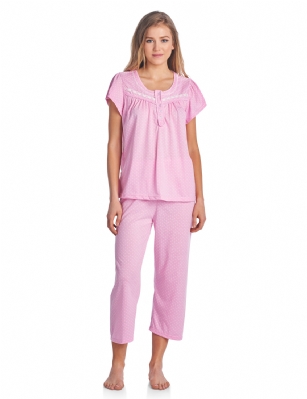 Casual Nights Women's Short Sleeve Dot Print Capri Pajama Set - Pink - Use provided size chart to determine the size that will fit you best, if your measurements fall between two sizes we recommend ordering a larger size as most people prefer their sleepwear a little looser. Sleep Pants Inseam 20"Medium: Measures US Size 2-4, Chests/Bust 33-34" Large: Measures US Size 6-8, Chests/Bust 35-36" X-Large: Measures US Size 10-12, Chests/Bust 37-38" XX-Large: Measures US Size 14-16, Chests/Bust 39-40" 3X: Measures US Size 16-18, Chests/Bust 41.5-43" 4X: Measures US Size 18-20, Chests/Bust 43-46"  Hit the sack in total comfort with these Soft and lightweight Knit Pajama Sleep Set in a fun Floral pattern Capri Length Pants with an elastic drawstring waist for comfort, Shirt Features Short Sleeves, 4 buttons closure, Embroidery, lace Trim and flattering tucked details. A comfortable relaxed fit perfect for sleeping or lounging around. 