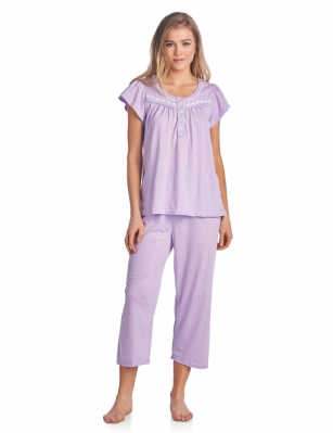 Casual Nights Women's Short Sleeve Dot Print Capri Pajama Set - Purple - Use provided size chart to determine the size that will fit you best, if your measurements fall between two sizes we recommend ordering a larger size as most people prefer their sleepwear a little looser. Sleep Pants Inseam 20"Medium: Measures US Size 2-4, Chests/Bust 33-34" Large: Measures US Size 6-8, Chests/Bust 35-36" X-Large: Measures US Size 10-12, Chests/Bust 37-38" XX-Large: Measures US Size 14-16, Chests/Bust 39-40" 3X: Measures US Size 16-18, Chests/Bust 41.5-43" 4X: Measures US Size 18-20, Chests/Bust 43-46"  Hit the sack in total comfort with these Soft and lightweight Knit Pajama Sleep Set in a fun Floral pattern Capri Length Pants with an elastic drawstring waist for comfort, Shirt Features Short Sleeves, 4 buttons closure, Embroidery, lace Trim and flattering tucked details. A comfortable relaxed fit perfect for sleeping or lounging around. 