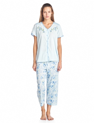 Casual Nights Women's Short Sleeve Floral Satin Lace Capri Pajama Set - Blue - Use this size chart to determine your size that will fit you best, if your measurements fall between two sizes we recommend ordering a larger size as most people prefer their sleepwear a little looser. Top Length 25", Capri Pants Inseam 22"Medium: Measures as US Size 2-4, - Chests/Bust 33-34" Large: Measures US Size 6-8, Chests/Bust 35-36" X-Large: Measures US Size 10-12, Chests/Bust 37-38.5" XX-Large: Measures US Size 14-16, Chests/Bust 40-41.5"3X-Large: Measures US Size 16-18, Chests/Bust 41-43"4X-Large: Measures US Size 18-20, Chests/Bust 44-46" Soft and lightweight Knit Button Front Short Sleeve Pajamas 2-piece Sleep Set in a fun feminine Floral pattern print, beautiful enough for special occasions, yet comfortable enough for every day. Capri Length Pants with a drawstring waist for easy pull on and added comfort, Pjs top Features Short Sleeves, 5 Button closure, lace and Satin Ribbon Trim details, V-Neck and embroidered flowers. A comfortable fit sleepwear that is perfect for sleeping or lounge around. 