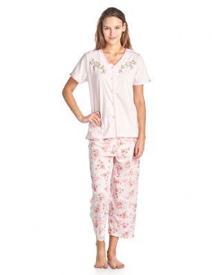 Casual Nights Women's Short Sleeve Floral Satin Lace Capri Pajama Set - Pink - Use this size chart to determine your size that will fit you best, if your measurements fall between two sizes we recommend ordering a larger size as most people prefer their sleepwear a little looser. Top Length 25", Capri Pants Inseam 22"Medium: Measures as US Size 2-4, - Chests/Bust 33-34" Large: Measures US Size 6-8, Chests/Bust 35-36" X-Large: Measures US Size 10-12, Chests/Bust 37-38.5" XX-Large: Measures US Size 14-16, Chests/Bust 40-41.5"3X-Large: Measures US Size 16-18, Chests/Bust 41-43"4X-Large: Measures US Size 18-20, Chests/Bust 44-46" Soft and lightweight Knit Button Front Short Sleeve Pajamas 2-piece Sleep Set in a fun feminine Floral pattern print, beautiful enough for special occasions, yet comfortable enough for every day. Capri Length Pants with a drawstring waist for easy pull on and added comfort, Pjs top Features Short Sleeves, 5 Button closure, lace and Satin Ribbon Trim details, V-Neck and embroidered flowers. A comfortable fit sleepwear that is perfect for sleeping or lounge around. 