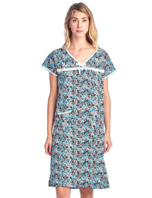 Casual Nights Women's Cotton Floral Short Sleeve Nightgown - Aqua Black - Please use our size chart to determine which size will fit you best, if your measurements fall between two sizes we recommend ordering a larger size as most people prefer their sleepwear a little looser.  Medium: Measures US Size 24, Chests/Bust 33-34" Large: Measures US Size 10-12, Chests/Bust 37-38" X-Large: Measures US Size 12-14, Chests/Bust 38.5-40" XX-Large: Measures US Size 16-18, Chests/Bust 41.5-42" 3X-Large: Measures US Size 18-20, Chests/Bust 42.5-44" You'll love slipping into This Women's Cotton Short Sleeve Nightgown Shirt from Casual Nights thats made of a 100% breathable soft cotton fabric which feels great to touch and even greater to wear. Sleep nightshirt features; Beautiful flower prints and designs, V-neck, sleeveless, open pocket, front bow and lace accent, flirty length measures Approx. 35" inches from shoulder to hem. Wear it alone or with pajama shorts or pants. Excellent gift idea for any occasion. 