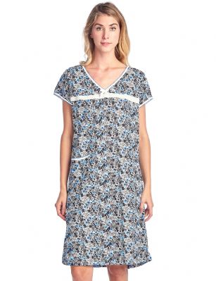 Casual Nights Women's Cotton Floral Short Sleeve Nightgown - Blue Black - Please use our size chart to determine which size will fit you best, if your measurements fall between two sizes we recommend ordering a larger size as most people prefer their sleepwear a little looser.  Medium: Measures US Size 24, Chests/Bust 33-34" Large: Measures US Size 10-12, Chests/Bust 37-38" X-Large: Measures US Size 12-14, Chests/Bust 38.5-40" XX-Large: Measures US Size 16-18, Chests/Bust 41.5-42" 3X-Large: Measures US Size 18-20, Chests/Bust 42.5-44" You'll love slipping into This Women's Cotton Short Sleeve Nightgown Shirt from Casual Nights thats made of a 100% breathable soft cotton fabric which feels great to touch and even greater to wear. Sleep nightshirt features; Beautiful flower prints and designs, V-neck, sleeveless, open pocket, front bow and lace accent, flirty length measures Approx. 35" inches from shoulder to hem. Wear it alone or with pajama shorts or pants. Excellent gift idea for any occasion. 