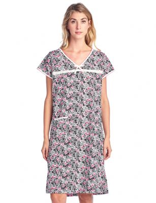 Casual Nights Women's Cotton Floral Short Sleeve Nightgown - Pink Black - Please use our size chart to determine which size will fit you best, if your measurements fall between two sizes we recommend ordering a larger size as most people prefer their sleepwear a little looser.  Medium: Measures US Size 24, Chests/Bust 33-34" Large: Measures US Size 10-12, Chests/Bust 37-38" X-Large: Measures US Size 12-14, Chests/Bust 38.5-40" XX-Large: Measures US Size 16-18, Chests/Bust 41.5-42" 3X-Large: Measures US Size 18-20, Chests/Bust 42.5-44" You'll love slipping into This Women's Cotton Short Sleeve Nightgown Shirt from Casual Nights thats made of a 100% breathable soft cotton fabric which feels great to touch and even greater to wear. Sleep nightshirt features; Beautiful flower prints and designs, V-neck, sleeveless, open pocket, front bow and lace accent, flirty length measures Approx. 35" inches from shoulder to hem. Wear it alone or with pajama shorts or pants. Excellent gift idea for any occasion. 