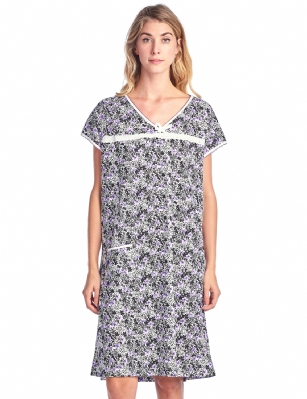 Casual Nights Women's Cotton Floral Short Sleeve Nightgown - Purple Black - Please use our size chart to determine which size will fit you best, if your measurements fall between two sizes we recommend ordering a larger size as most people prefer their sleepwear a little looser.  Medium: Measures US Size 24, Chests/Bust 33-34" Large: Measures US Size 10-12, Chests/Bust 37-38" X-Large: Measures US Size 12-14, Chests/Bust 38.5-40" XX-Large: Measures US Size 16-18, Chests/Bust 41.5-42" 3X-Large: Measures US Size 18-20, Chests/Bust 42.5-44" You'll love slipping into This Women's Cotton Short Sleeve Nightgown Shirt from Casual Nights thats made of a 100% breathable soft cotton fabric which feels great to touch and even greater to wear. Sleep nightshirt features; Beautiful flower prints and designs, V-neck, sleeveless, open pocket, front bow and lace accent, flirty length measures Approx. 35" inches from shoulder to hem. Wear it alone or with pajama shorts or pants. Excellent gift idea for any occasion. 