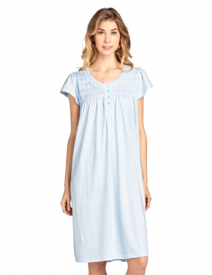 Casual Nights Women's Short Sleeve Smocked And Lace Nightgown - Blue - Please use our size chart to determine which size will fit you best, if your measurements fall between two sizes we recommend ordering a larger size as most people prefer their sleepwear a little looser. Medium: Measures US Size 4-6, Chests/Bust 34"-35"Large: Measures US Size 8-10, Chests/Bust 36-37"X-Large: Measures US Size 12-14, Chests/Bust 39-41"XX-Large: Measures US Size 16-18, Chests/Bust 41.5-43"This knitted Short Sleeve Nightgown sleepwear from Casual Nights is Soft and lightweight in a feminine polka dot pattern, Sleep dress Features 5 Button closure, short cap sleeves, detailed with lace, checked ribbon and trimming for an extra fancy touch. Gown measures 40" from shoulder to hem. A comfortable fit perfect for sleeping or lounge around as a house-dress. Beautiful enough for special occasions, yet comfortable enough for every day. 