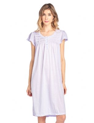 Casual Nights Women's Short Sleeve Smocked And Lace Nightgown - Purple - Please use our size chart to determine which size will fit you best, if your measurements fall between two sizes we recommend ordering a larger size as most people prefer their sleepwear a little looser. Medium: Measures US Size 4-6, Chests/Bust 34"-35"Large: Measures US Size 8-10, Chests/Bust 36-37"X-Large: Measures US Size 12-14, Chests/Bust 39-41"XX-Large: Measures US Size 16-18, Chests/Bust 41.5-43"This knitted Short Sleeve Nightgown sleepwear from Casual Nights is Soft and lightweight in a feminine polka dot pattern, Sleep dress Features 5 Button closure, short cap sleeves, detailed with lace, checked ribbon and trimming for an extra fancy touch. Gown measures 40" from shoulder to hem. A comfortable fit perfect for sleeping or lounge around as a house-dress. Beautiful enough for special occasions, yet comfortable enough for every day. 