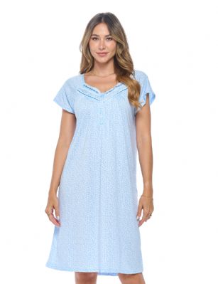 Casual Nights Women's Fancy Lace Floral Short Sleeve Nightgown - Blue - This lightweight and comfortable Short Sleeve Nightgown Sleepdress for ladies from the Casual Nights Loungewear and Sleepwear robes Collection, in beautiful feminine floral pattern design. this easy to wear Pullover Nightdress is made of 55% Cotton/45% Poly fabric, The sleep dress Features: raglan cap sleeves, fancy lace and embroidery detail with satin ribbon at neck, 4 button closure, knee length approx. 38-40"  Shoulder to hem. This lounge wear muumuu dress has a relaxed comfortable fit and comes in regular and plus sizesM, L, XL, 2X, 3X, 4X. All year winter and summer versatile multi uses, wear around the house as relaxed home day waltz dress, a sleepshirt dress, Our sleep robe gowns is perfect to use for maternity, labor/delivery, hospital gown. Makes a perfect Mothers Day gift for your loved ones, mom, older women or elderly grandmother. Even beautiful and comfortable enough for everyday use around the house. Please use our size chart to determine which size will fit you best, if your measurements fall between two sizes, we recommend ordering a larger size as most people prefer their sleepwear a little looser. 